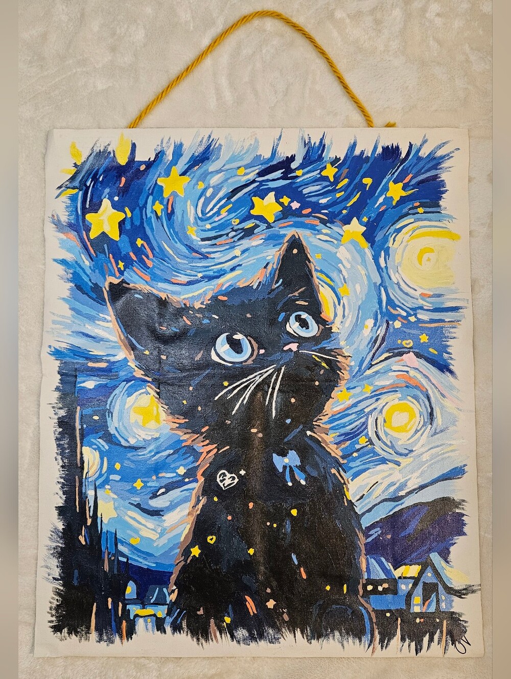 Original Black Cat Starry Night Painting Wooden Wall Scroll Decor